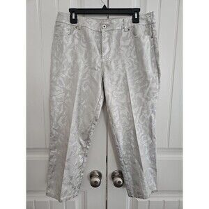 Chico's 1.5 Platinum Denim US 10 Silver Foil Leopard Print Capri Cropped Jeans